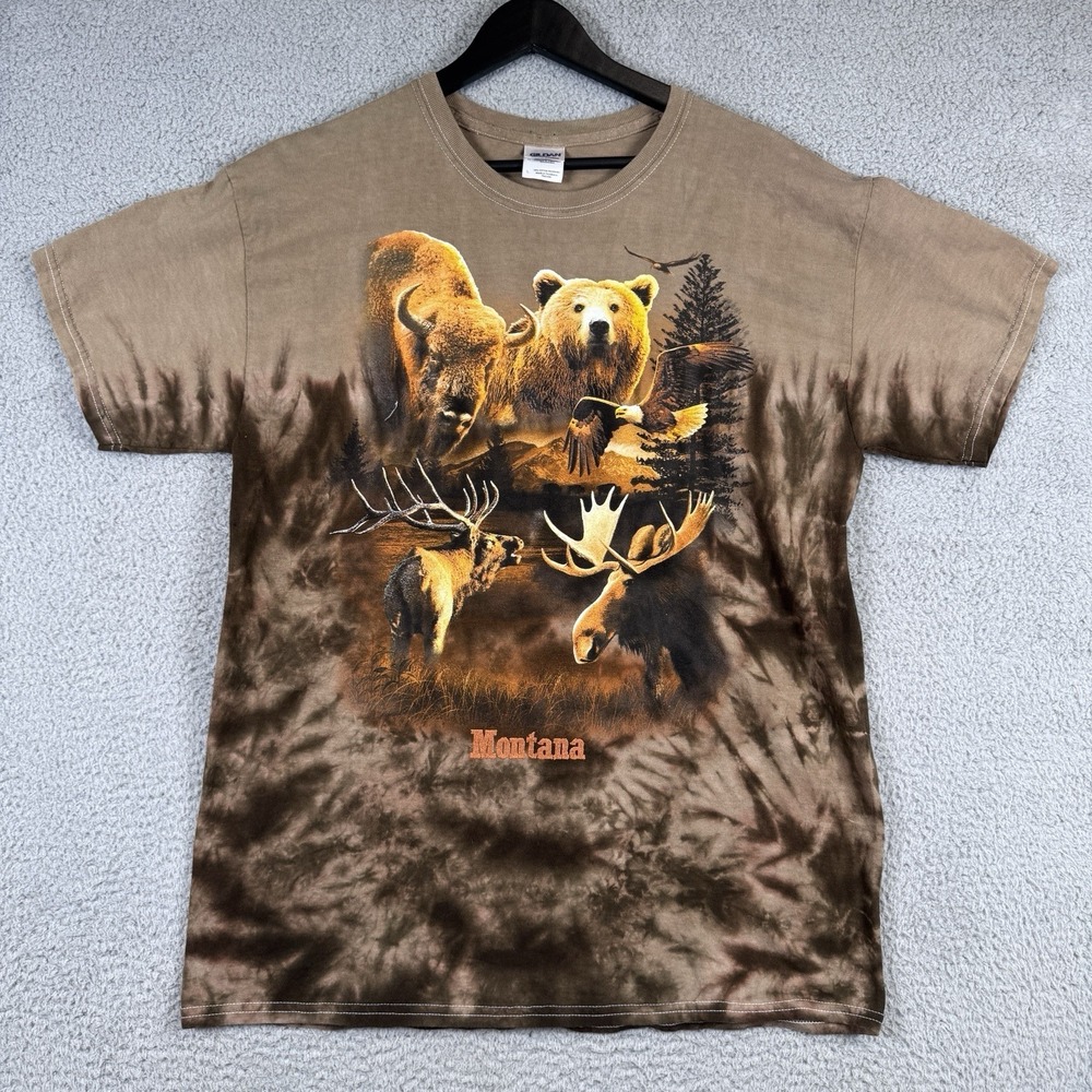 Montana Shirt Mens Large Brown Bear Bison Moose Graphic Tie Dye Heavy Cotton Tee